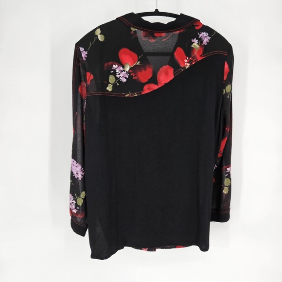Tommy n Loulou Vintage Floral Button Up Blouse Black Red Sheer Rayon Made in USA - Picture 6 of 8